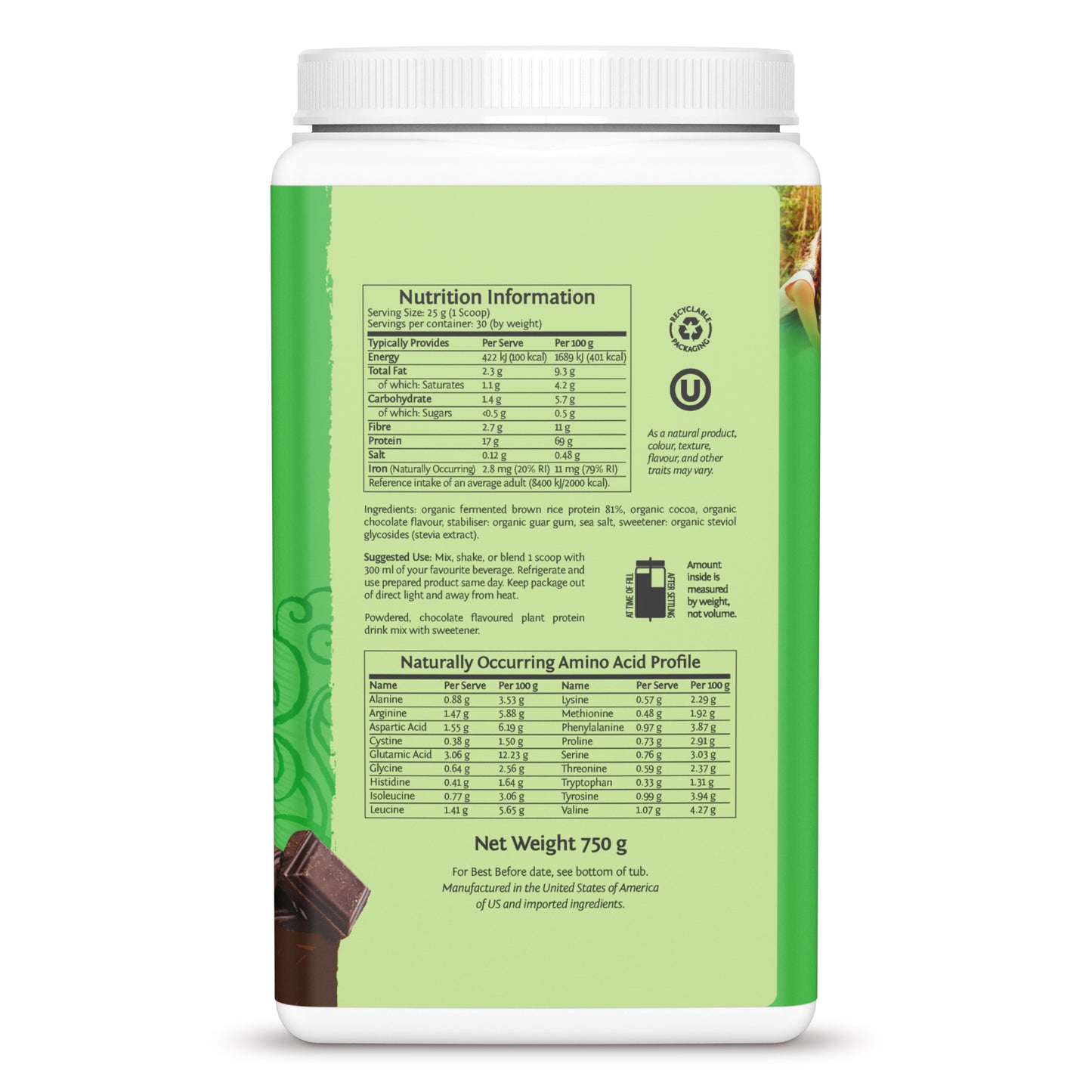 Sunwarrior Classic Chocolate Organic 750g