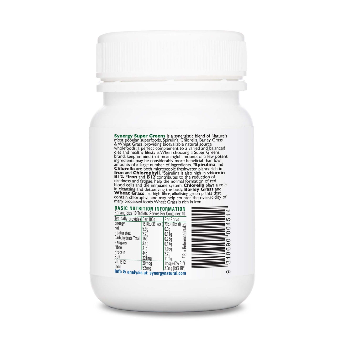 Synergy Natural Organic Super Greens 100 Tablets