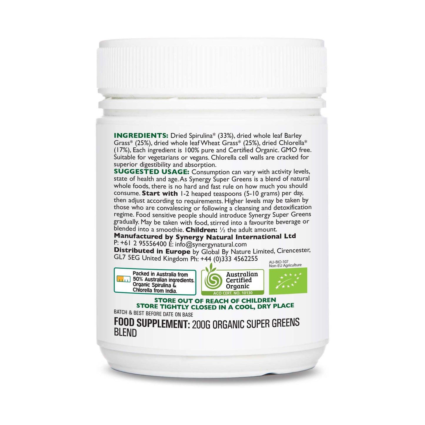 Synergy Natural Organic Super Greens 200g Powder