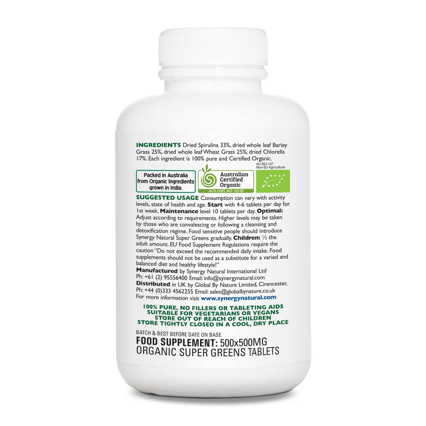 Synergy Natural Organic Super Greens 500 Tablets